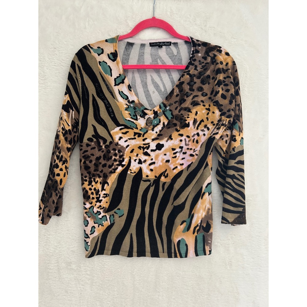 Pierri New York Animal Print Knit Top Womens Small Embellished V-Neck Leopard S